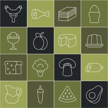 Set line Avocado fruit, Salami sausage, Jelly cake, Piece of, Plum, Ice cream in Stock Illustration