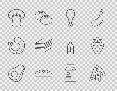 Set line Avocado fruit, Slice of pizza, Chicken leg, Bread loaf, Mushroom, Piece Stock Illustration