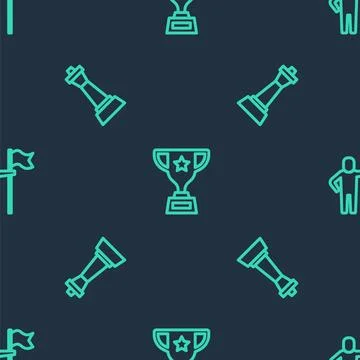 Set line Award cup, Chess and Man holding flag on seamless pattern. Vector Illustrazione stock