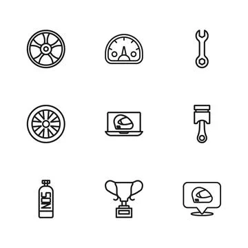 Set line Award cup, Engine piston, Racing helmet, Wrench spanner, Alloy whe.. イラスト素材