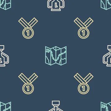 Set line Award cup with golf, Medal and Golf course layout on seamless pattern Stock Illustration