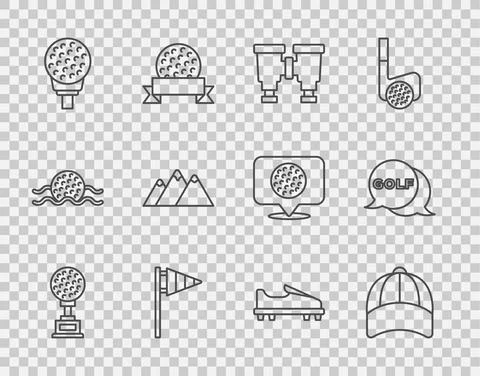Set line Award cup with golf, Baseball cap, Binoculars, Golf flag, on tee Stock Illustration
