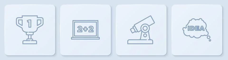 Set line Award cup, Microscope, Chalkboard and Idea, speech bubble. White square Stock Illustration