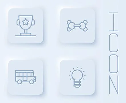 Set line Award cup, Molecule, School Bus and Creative lamp light idea. White  Stock Illustration