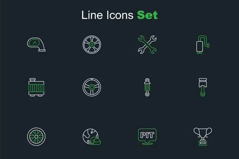 Set line Award cup, Pit stop, Racing helmet, Stopwatch, Engine piston, Shoc.. Stock Illustration