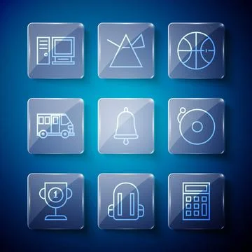 Set line Award cup, School backpack, Calculator, Basketball ball, Ringing bell Stock Illustration