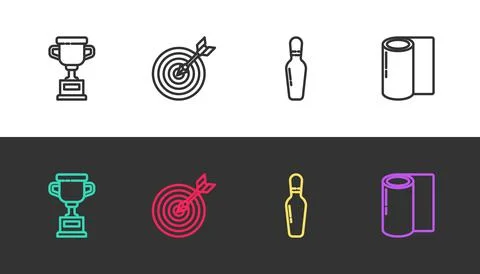 Set line Award cup, Target with arrow, Bowling pin and Fitness mat roll on black Stock Illustration