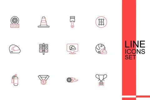Set line Award cup, Wheel in fire flame, Medal, Fire extinguisher, Racing h.. Stock Illustration