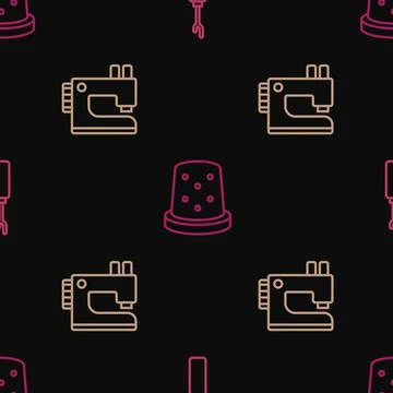Set line Awl tool, Sewing machine and Thimble for sewing on seamless pattern. Stock Illustration