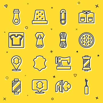 Set line Awl tool, Sewing thread on spool, button, Safety pin, Zipper, pattern Stock Illustration