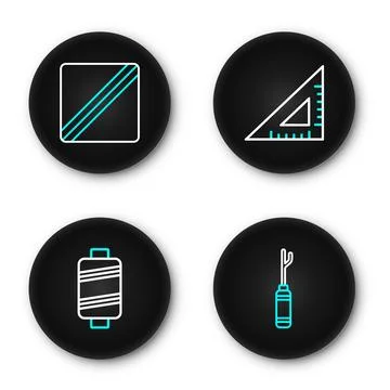Set line Awl tool, Sewing thread, Triangular ruler and Pattern icon. Vector 库存插图