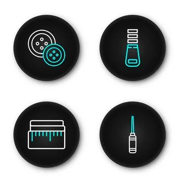 Set line Awl tool, Tape measure, Zipper and Sewing button icon. Vector Stock Illustration
