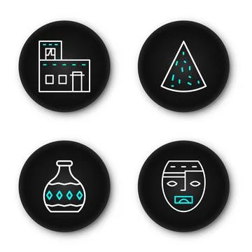 Set line Aztec mask, Tequila bottle, Nachos and Mexican house icon. Vector Ilustración de archivo