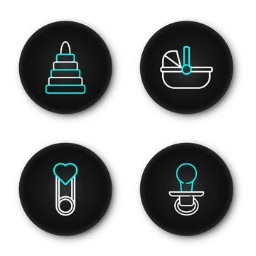 Set line Baby dummy pacifier, clothes pin, stroller and Pyramid toy icon. V.. Stock Illustration