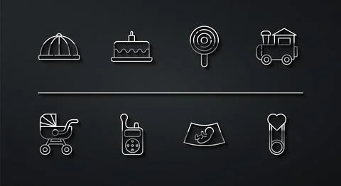 Set line Baby hat, stroller, Toy train, Ultrasound of baby, Monitor Walkie Ta Stock Illustration
