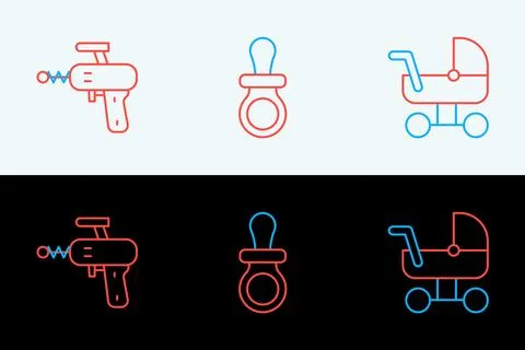 Set line Baby stroller, Ray gun and dummy pacifier icon. Vector Stock Illustration