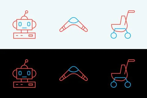 Set line Baby stroller, Robot toy and Boomerang icon. Vector Stock Illustration
