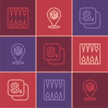 Set line Backgammon board, Bingo and Game dice icon. Vector Stock Illustration