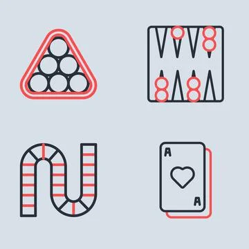 Set line Backgammon board, Board game, Playing cards and Billiard balls tri.. Stock Illustration