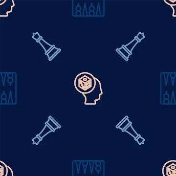 Set line Backgammon board, Chess and Game dice on seamless pattern. Vector Stock Illustration