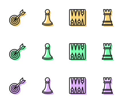 Set line Backgammon board, Classic dart and arrow, Chess pawn and icon. Vector Stock Illustration