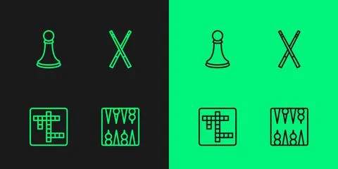 Set line Backgammon board, Crossword, Chess pawn and Crossed billiard cues icon Stock Illustration