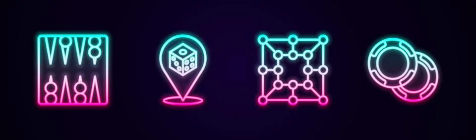 Set line Backgammon board, Game dice, Board game and Casino chips. Glowing neon Stock Illustration