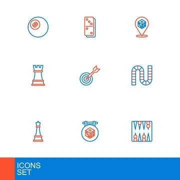 Set line Backgammon board, Game dice, Chess, Board game, Classic dart and a.. Illustrazione stock