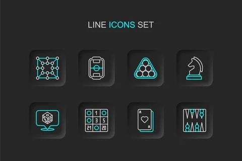 Set line Backgammon board, Playing cards, Bingo, Game dice, Chess, Billiard.. Stock Illustration