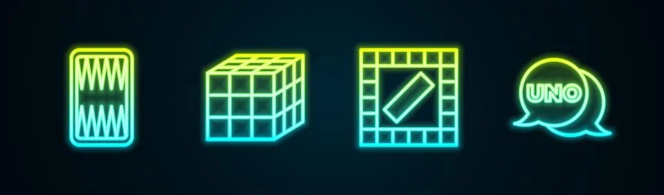 Set line Backgammon board, Rubik cube, Board game and Uno card. Glowing neon Stock Illustration