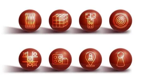 Set line Backgammon board, Tic tac toe game, Checker chips, Chess, Toy building Ilustración de archivo