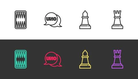 Set line Backgammon board, Uno card game, Chess and on black and white. Vector Stock Illustration