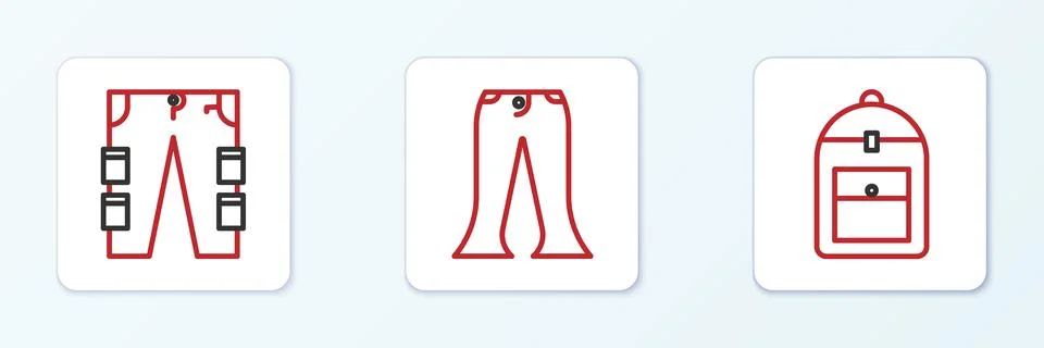 Set line Backpack, Cargo pants and Pants icon. Vector Stock Illustration
