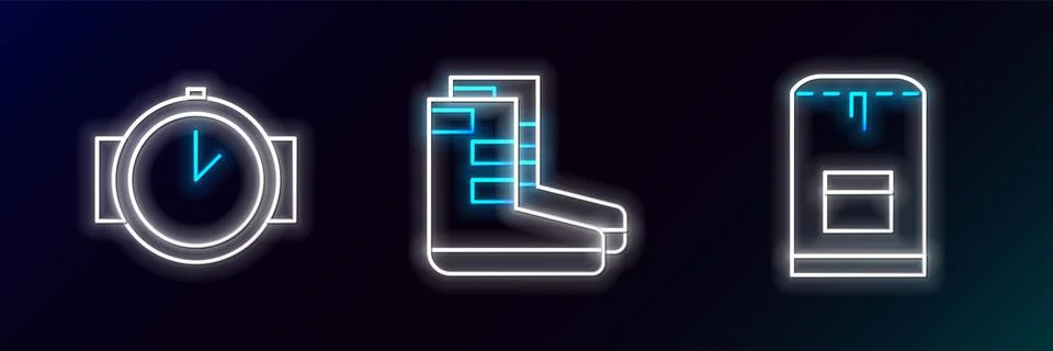 Set line Backpack, Diving watch and Boots icon. Glowing neon. Vector Stock Illustration