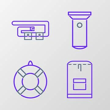 Set line Backpack, Lifebuoy, Flashlight and Diving belt icon. Vector Illustrazione stock
