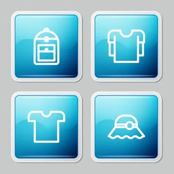 Set line Backpack, Long sleeve shirt, T-shirt and Elegant women hat icon. Vec Stock Illustration