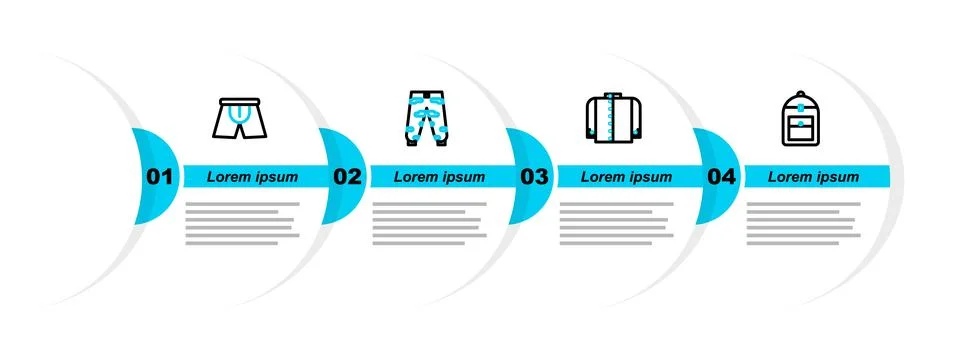 Set line Backpack T-shirt Camouflage cargo pants and Men underpants icon. Vec Stock Illustration