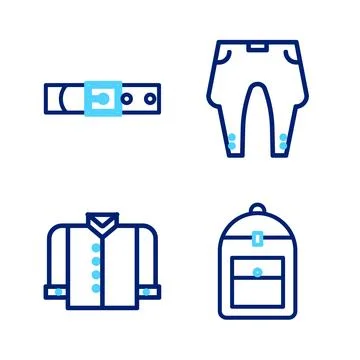 Set line Backpack, T-shirt, Pants and Leather belt icon. Vector Stock Illustration