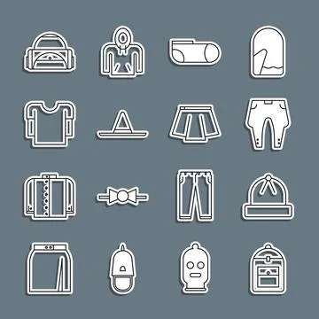 Set line Backpack, Winter hat, Pants, Sport socks, Gardener worker, Long sleeve Stock Illustration