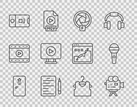 Set line Backstage, Retro cinema camera, Camera shutter, Scenario, Photo an.. Stock Illustration