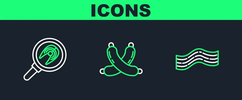 Set line Bacon stripe, Fish steak in frying pan and Crossed sausage icon. V.. Stock Illustration
