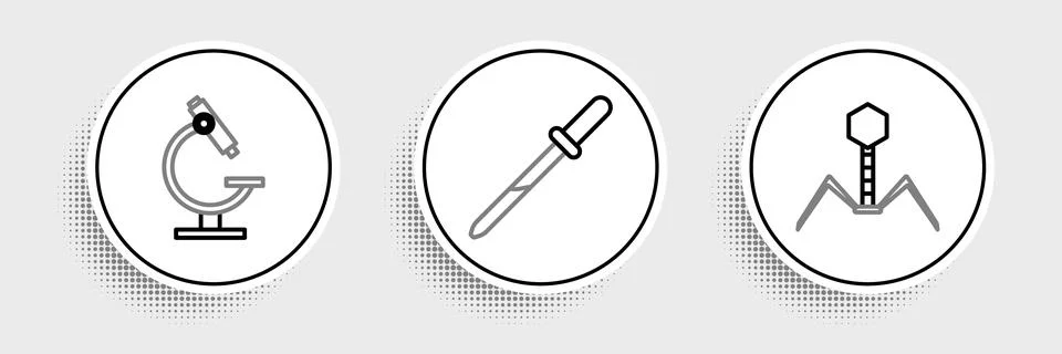 Set line Bacteria bacteriophage, Microscope and Pipette icon. Vector Illustrazione stock
