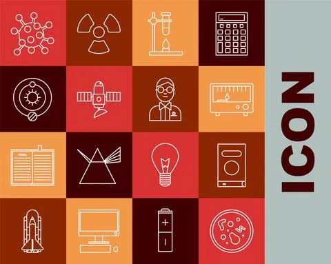 Set line Bacteria, Book, Electrical measuring instruments, Glass test tube flask Illustrazione stock