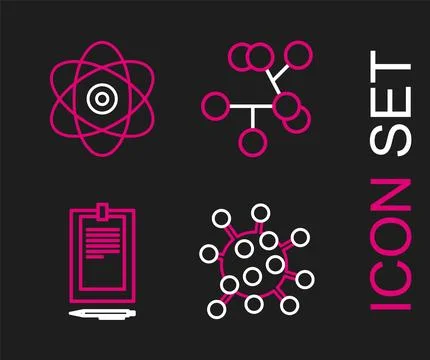 Set line Bacteria, Clipboard with document, Molecule and Atom icon. Vector Stock Illustration