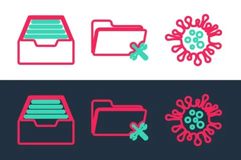 Set line Bacteria, Drawer with documents and Folder service icon. Vector Illustrazione stock