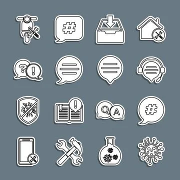 Set line Bacteria, Hashtag speech bubble, Headphones with chat, Download in.. Stock Illustration