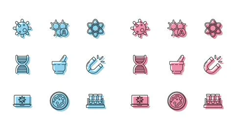 Set line Bacteria on laptop, Test tube and flask chemical, Mortar pestle, M.. Stock Illustration