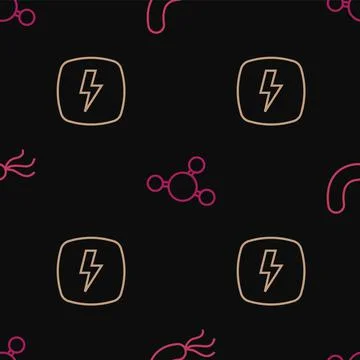 Set line Bacteria, Lightning bolt and Molecule on seamless pattern. Vector Stock Illustration