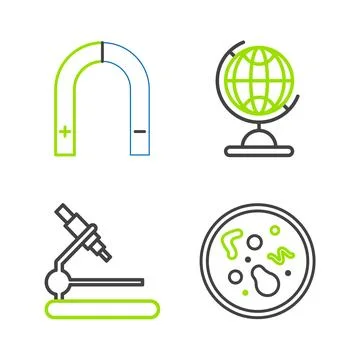 Set line Bacteria, Microscope, Earth globe and Magnet icon. Vector Stock Illustration