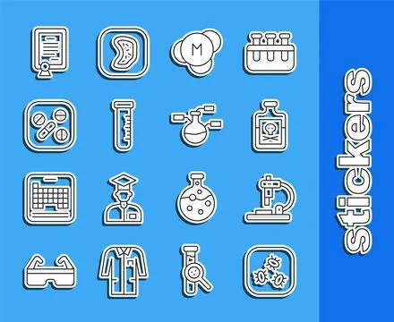 Set line Bacteria, Microscope, Poison in bottle, Molecule, Test tube and fl.. Stock Illustration
